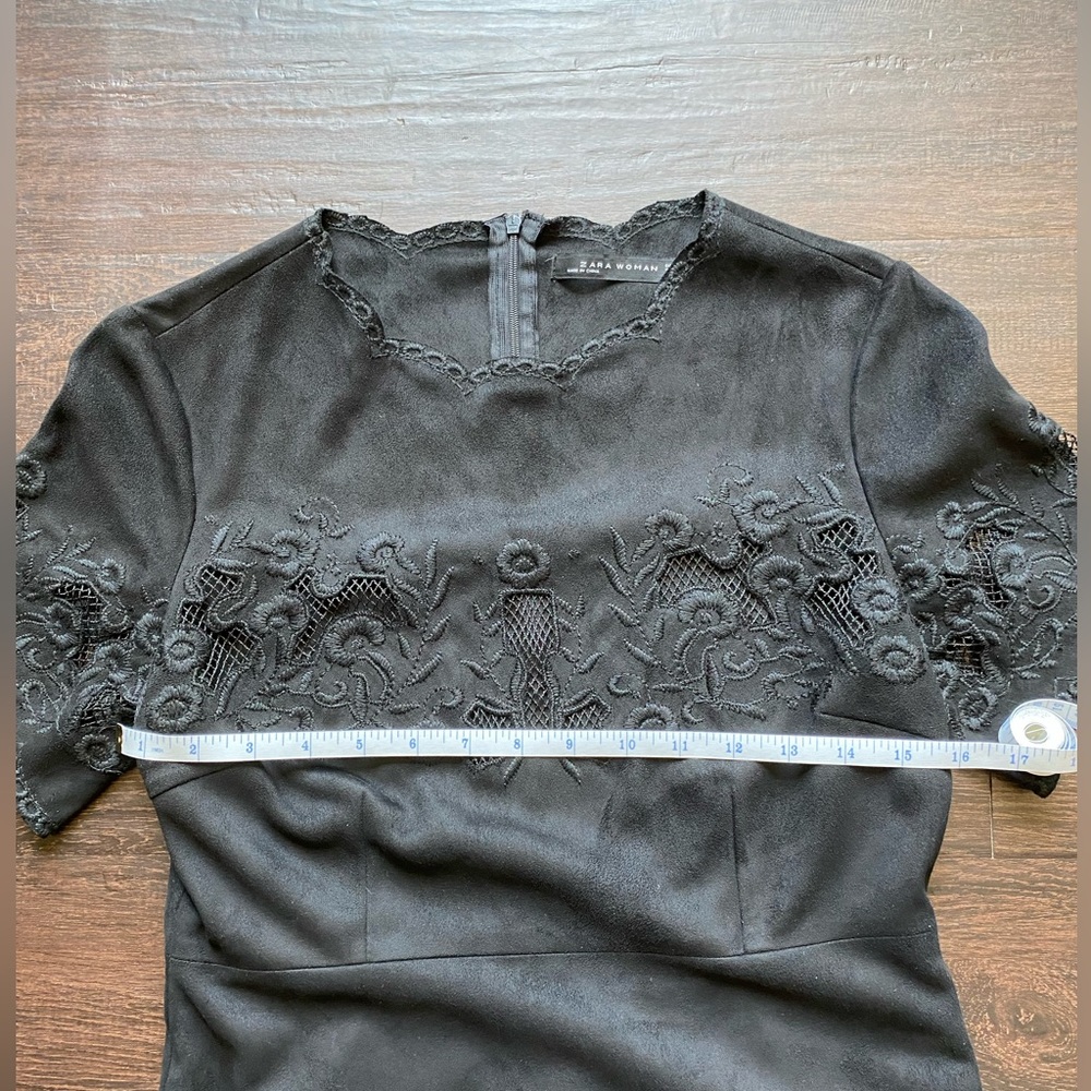 ZARA - Black floral embroidered suede effect dress w/scalloped hem Size:… - Picture 13 of 14